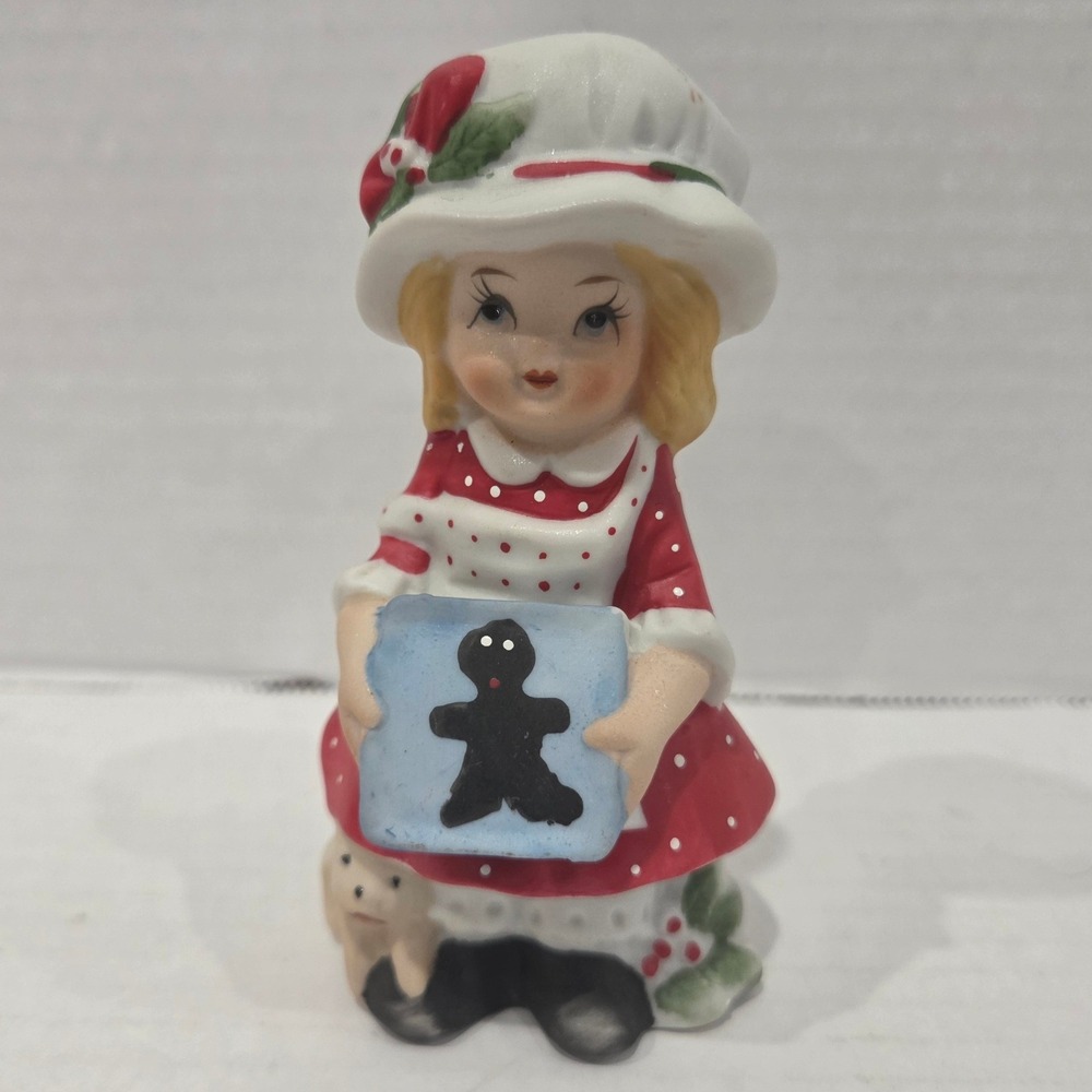 Vintage Ceramic Christmas Girl Figurine Gingerbread Man Cookie Red Polka Dot 4"